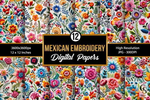 Mexican Flower Embroidery Digital Papers